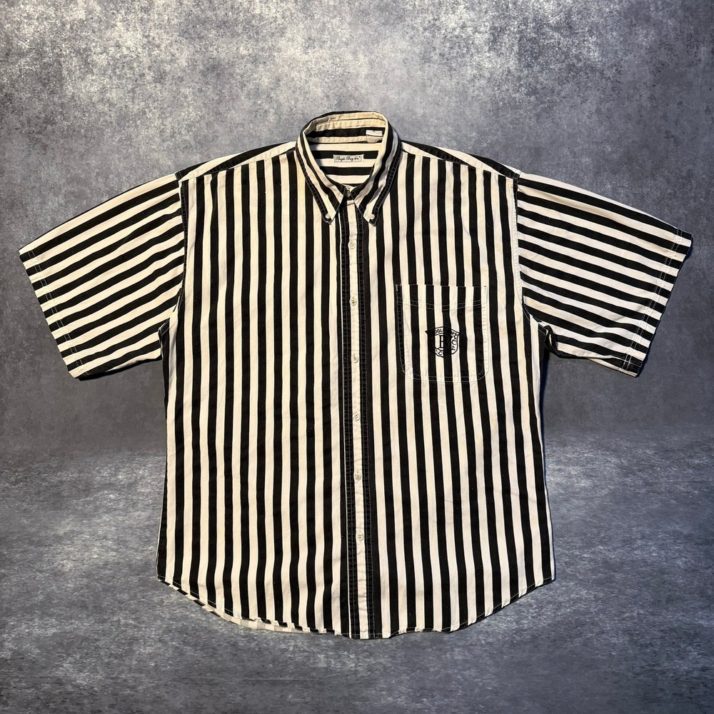 VTG Bugle Boy Co Mens XL Short Sleeve Button Down Shirt Black White Striped